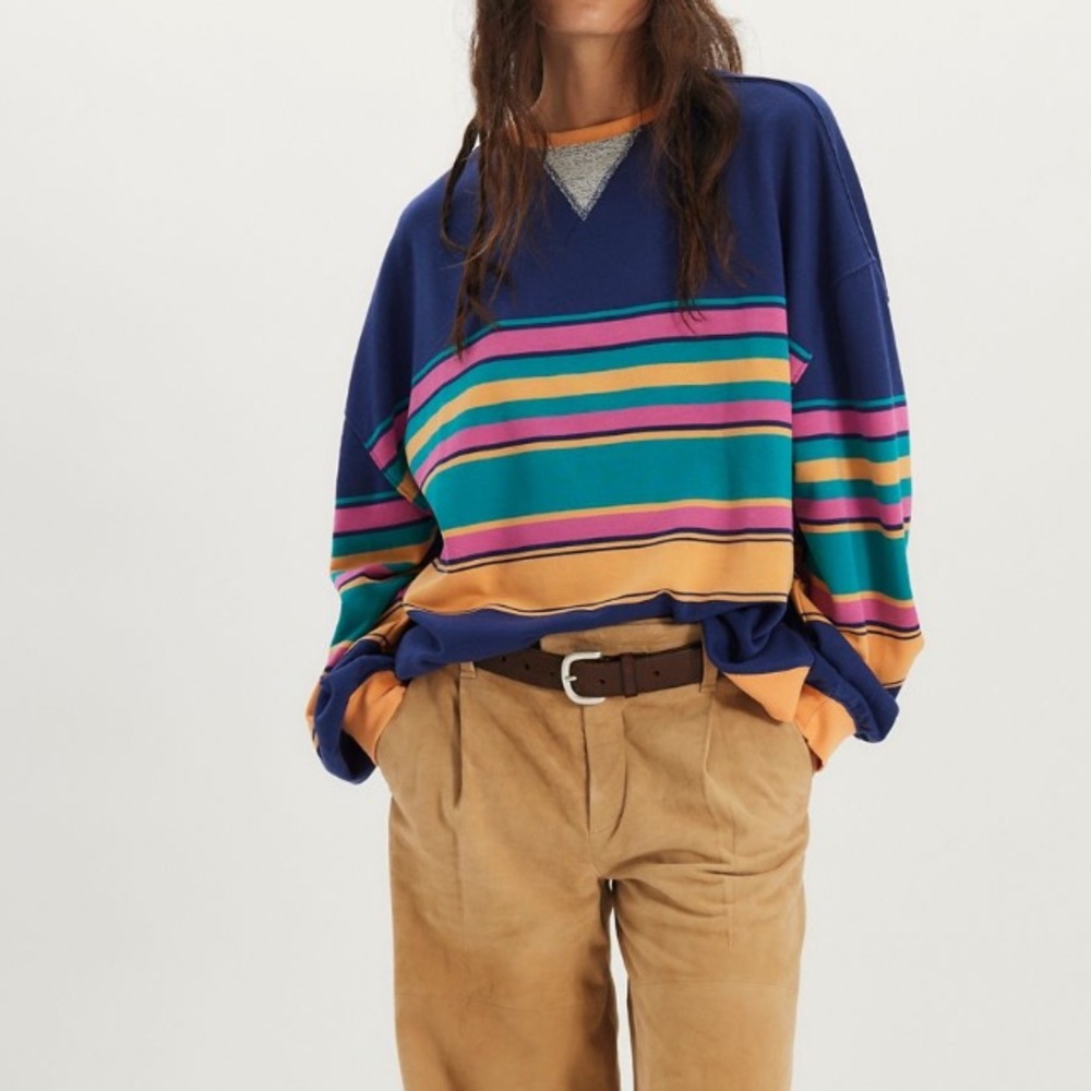 Free People Classic Striped Oversized Crewneck, XS